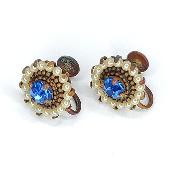 Vintage Blue Rhinestone Faux Pearl Earrings Screwback 5/8" - Picture 2 of 4